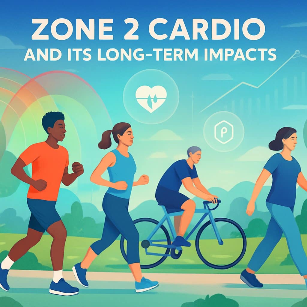 People exercising outdoors with heart rate zones highlighted and symbols representing health benefits around them.