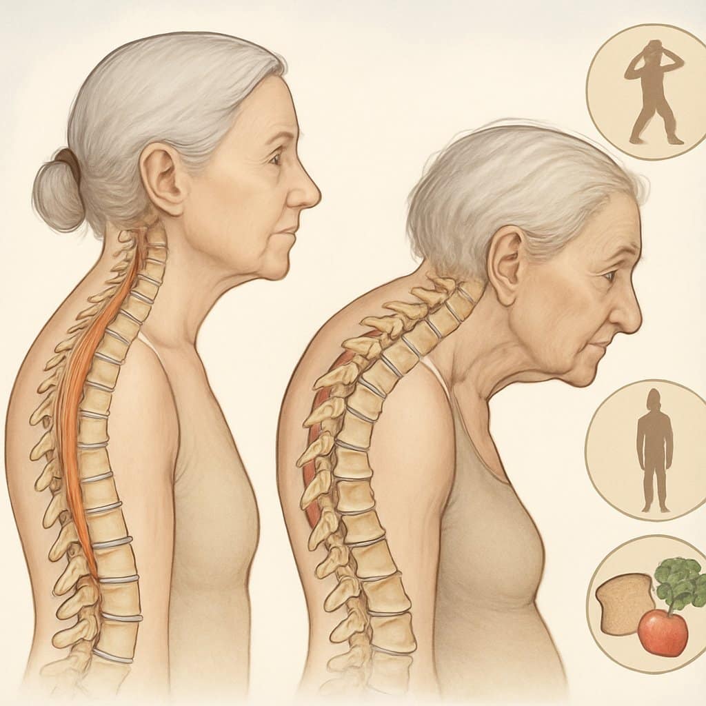 Side-by-side views of an elderly person's spine showing a normal straight posture and a curved back, with illustrations of spine anatomy and icons representing exercise, good posture, and nutrition.