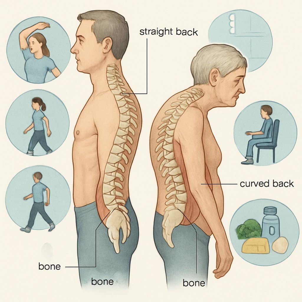 Side-by-side illustration of a person with a healthy straight spine and a person with a curved upper back, surrounded by images of exercises and healthy lifestyle elements to prevent spinal curvature.