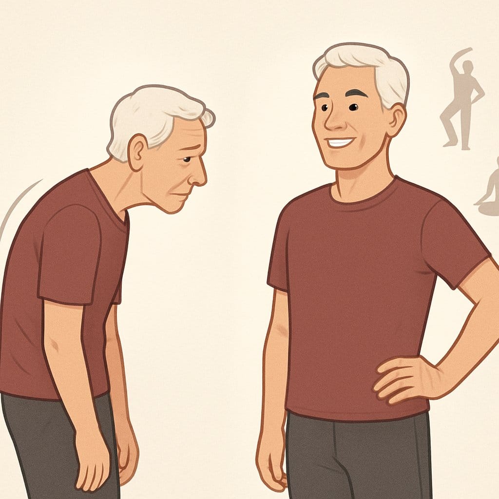 Two side-by-side images of an older person, one with a curved back and hunched posture, and the other standing upright with a straight back, surrounded by icons representing physical activities.