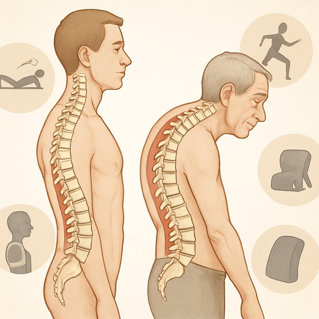 Side-by-side illustration of a healthy straight spine and a curved spine with visual elements representing treatment options like exercises and posture support.