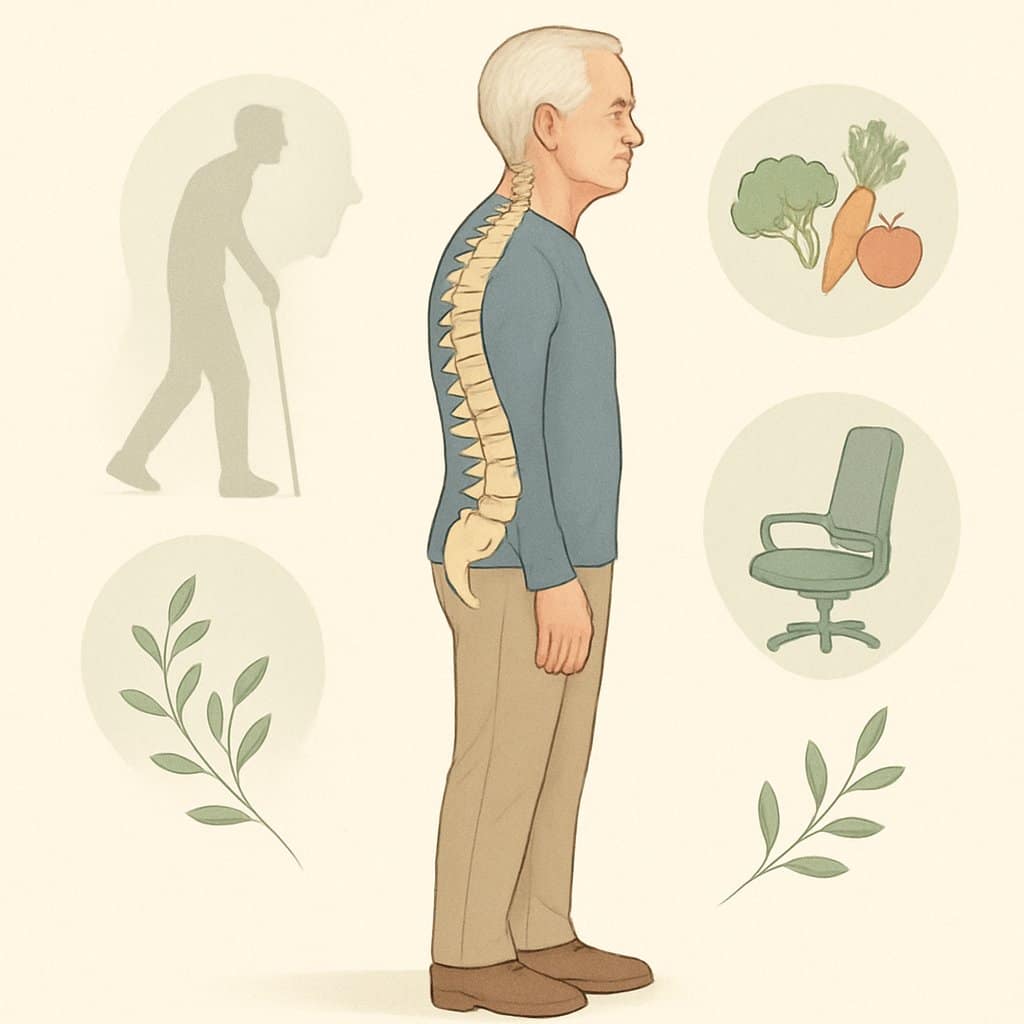 An older adult standing with a straight spine next to a faded silhouette showing a curved spine, surrounded by symbols of exercise, healthy eating, and good posture.