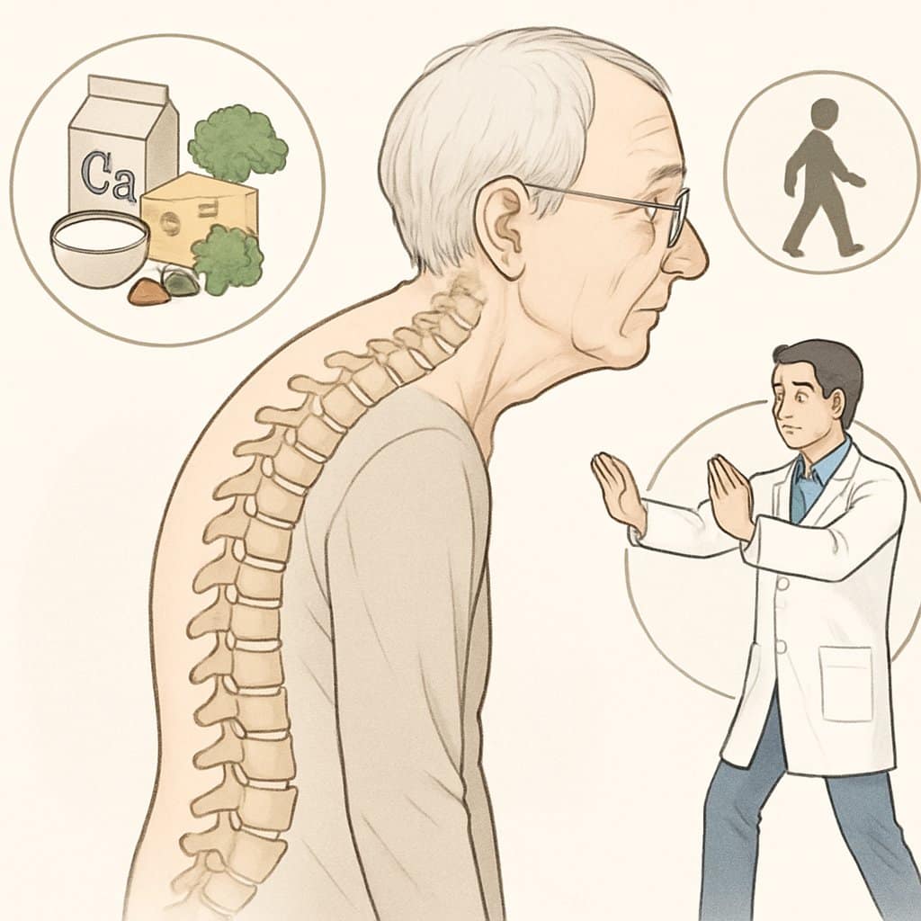 Side view illustration of an elderly person with a curved spine, surrounded by icons of healthy foods, exercise, and a healthcare professional demonstrating posture exercises.