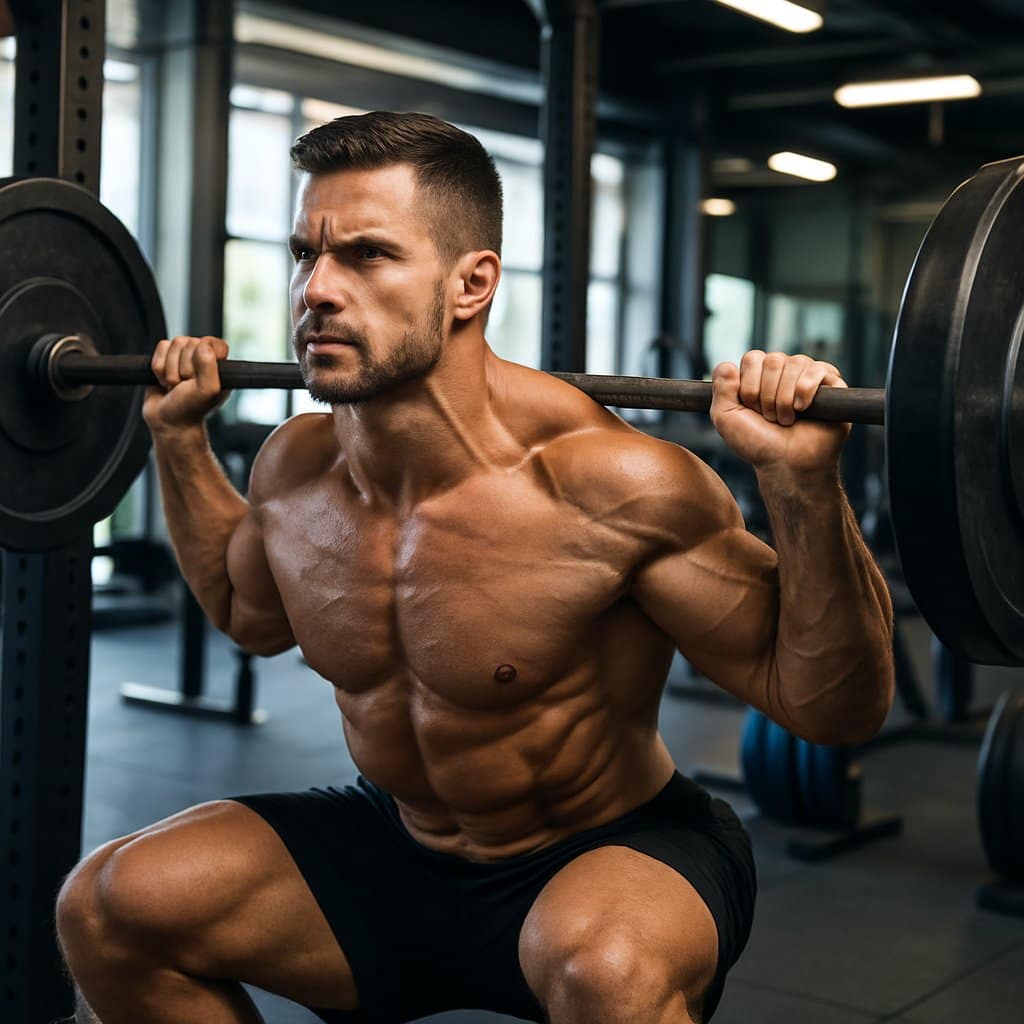 A muscular man performing a heavy barbell back squat in a gym.