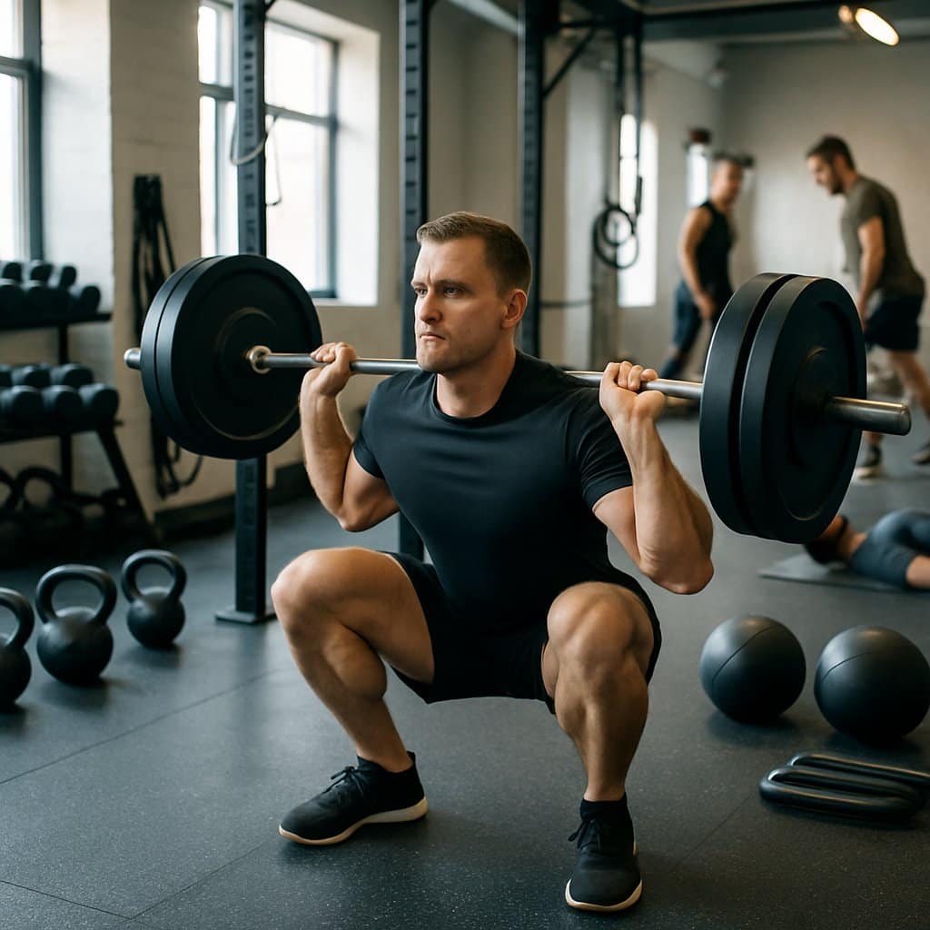 A muscular person performing a deep squat with a barbell in a gym surrounded by various strength training equipment and other people exercising.