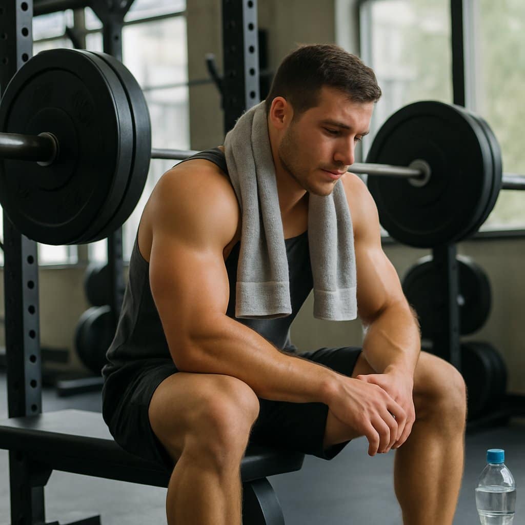 A muscular man resting on a bench in a gym after a squat workout, with gym equipment visible in the background.