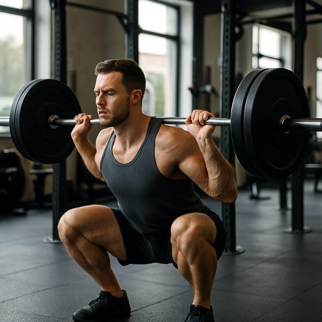 A man performing a deep squat with proper form in a gym surrounded by fitness equipment.