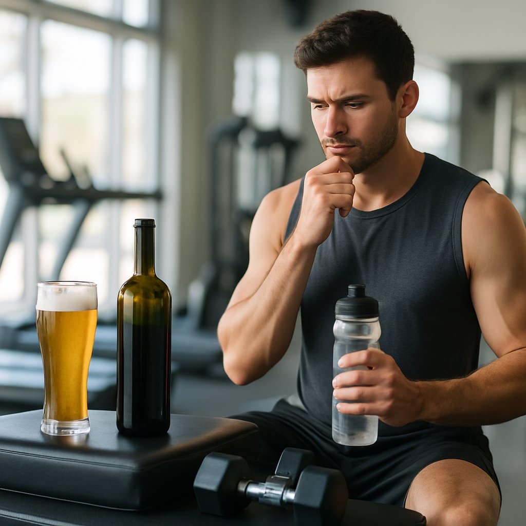 A fit young adult in workout clothes stands in a gym holding a water bottle, with a glass of beer and a wine bottle placed on a bench nearby.