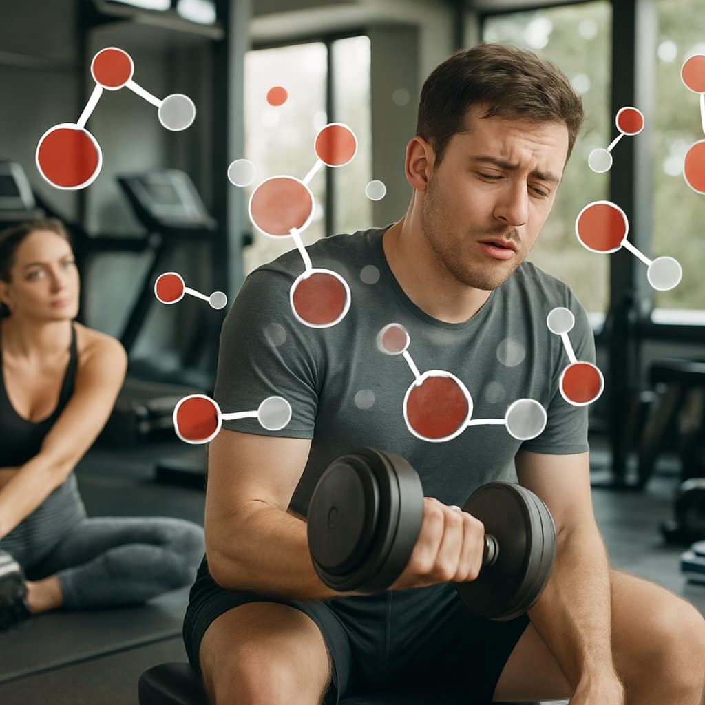 A young man lifting a dumbbell with a tired expression and a young woman stretching in a gym with exercise equipment around them.