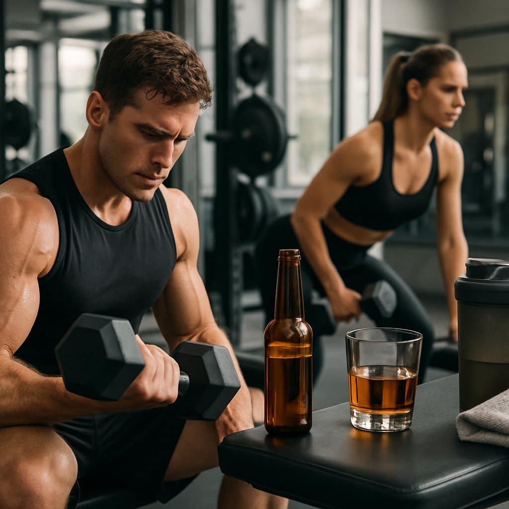 A fit man lifting dumbbells in a gym with a glass of whiskey and a beer bottle placed on a bench nearby, surrounded by gym equipment.