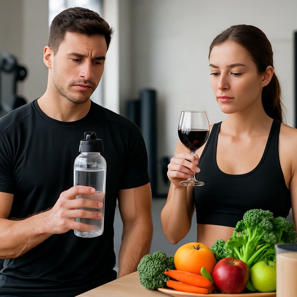 A fit man holding a water bottle and a woman holding a glass of wine in a gym with healthy foods on a table nearby.
