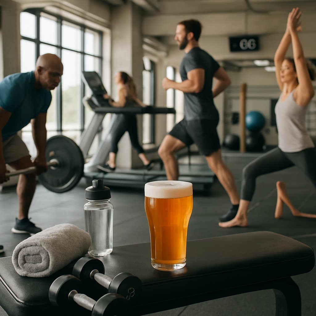 People exercising in a gym with a glass of alcohol placed on a bench next to workout equipment.