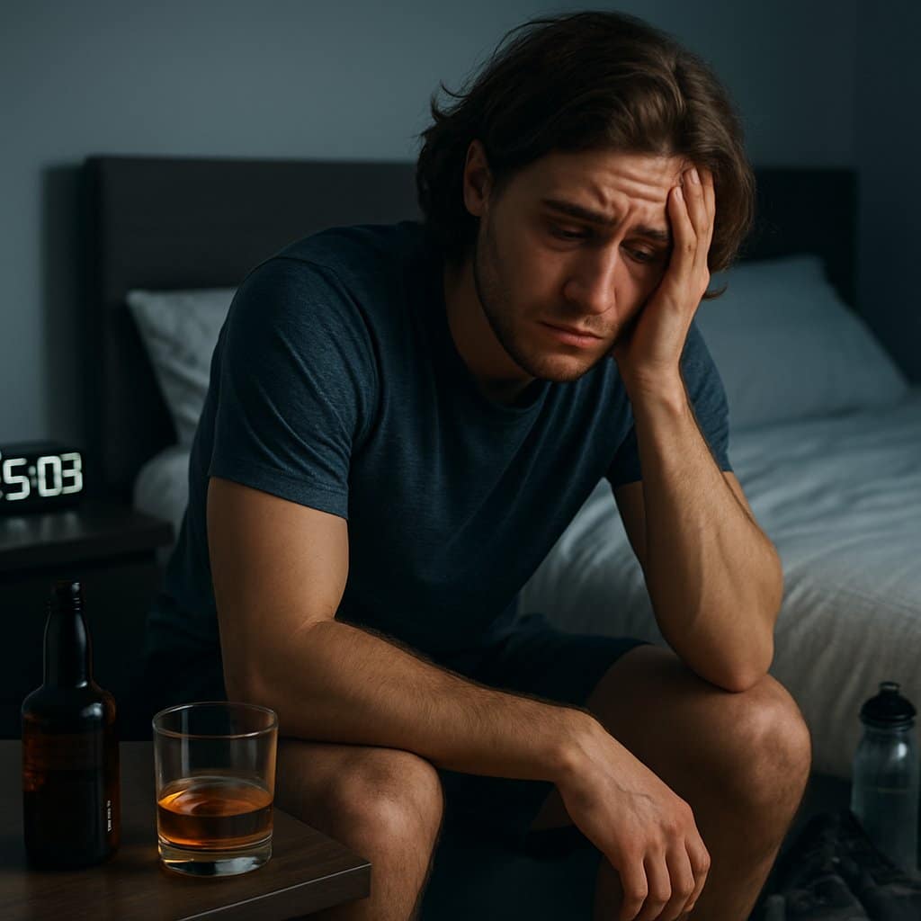 A tired young adult sitting on the edge of a bed looking fatigued, with running shoes and a water bottle nearby, and an empty glass of alcohol on the bedside table.