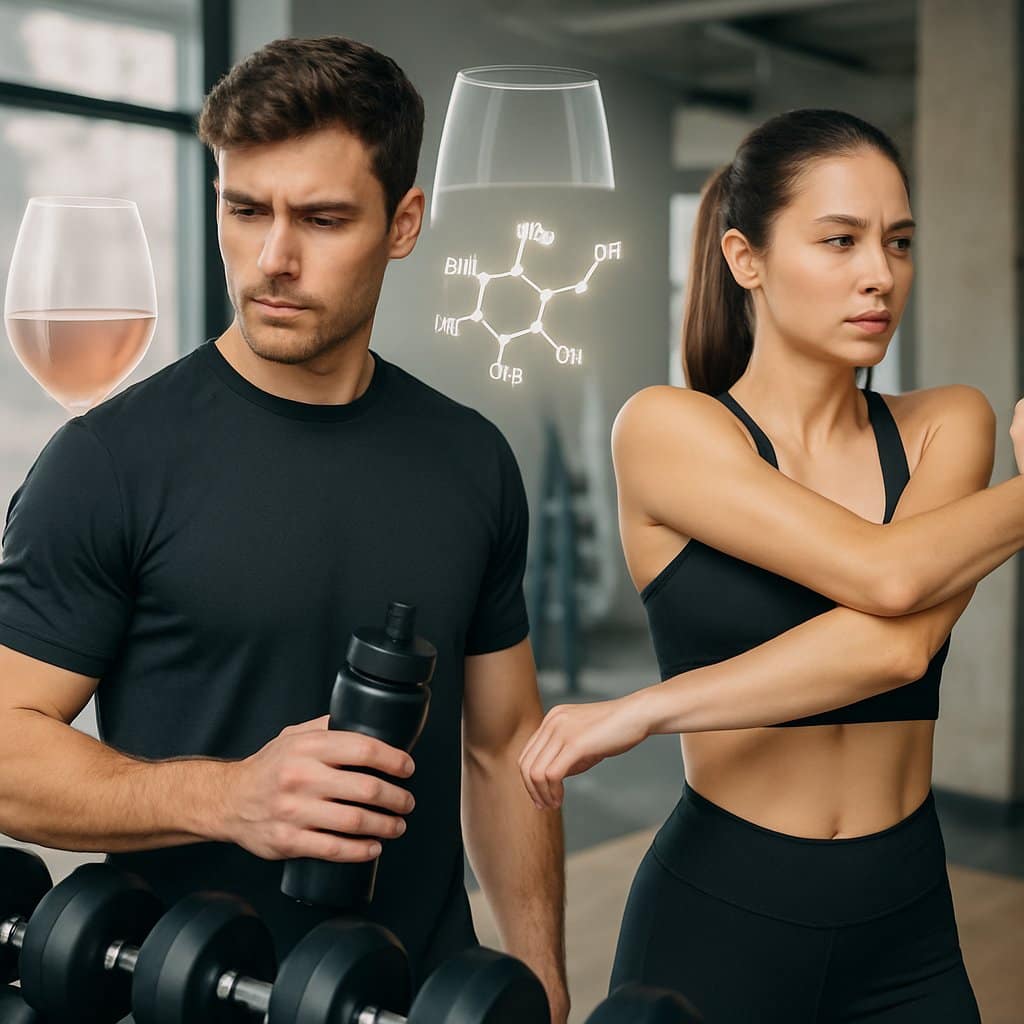 A fit man and woman in a gym preparing to exercise, with faint images of a wine glass and hormone molecules overlayed to symbolize alcohol's impact on fitness.