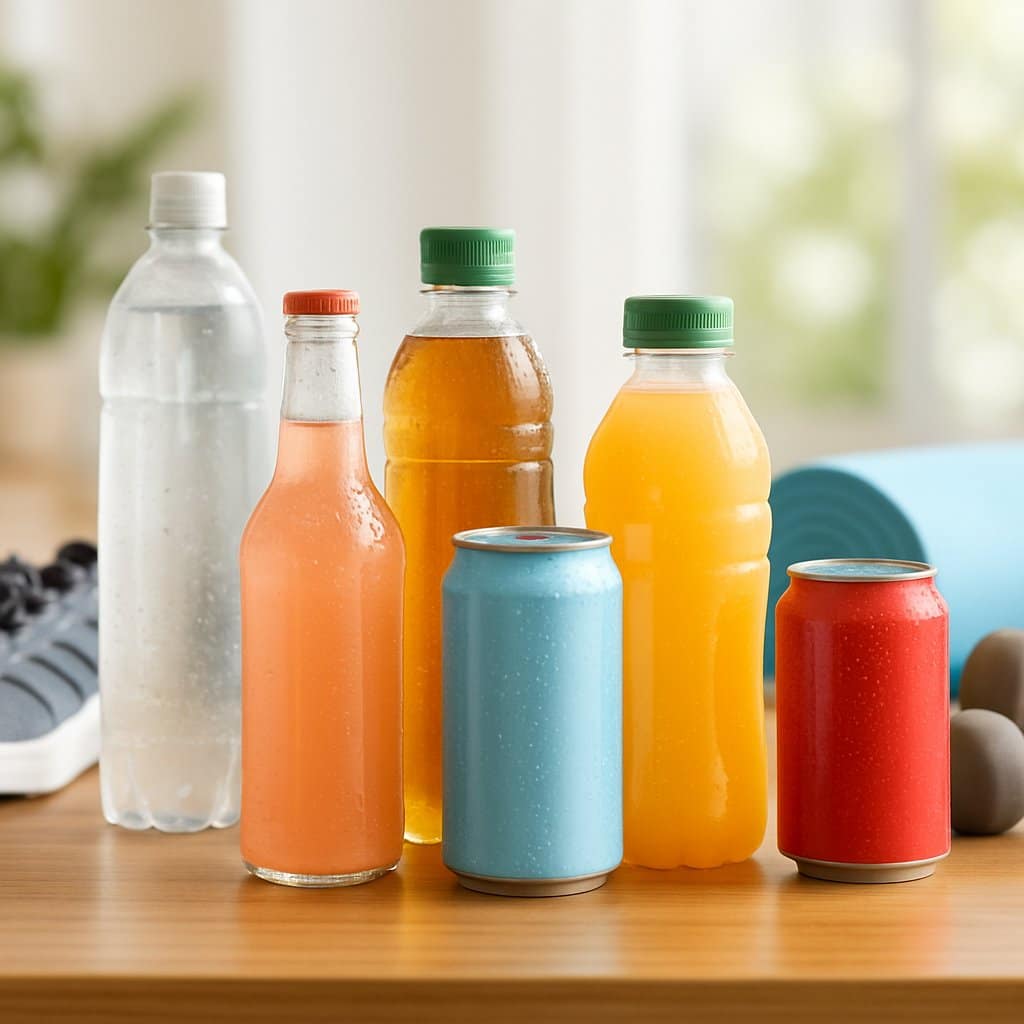 A variety of non-alcoholic beverages on a wooden table surrounded by fitness equipment like running shoes, a yoga mat, and dumbbells.