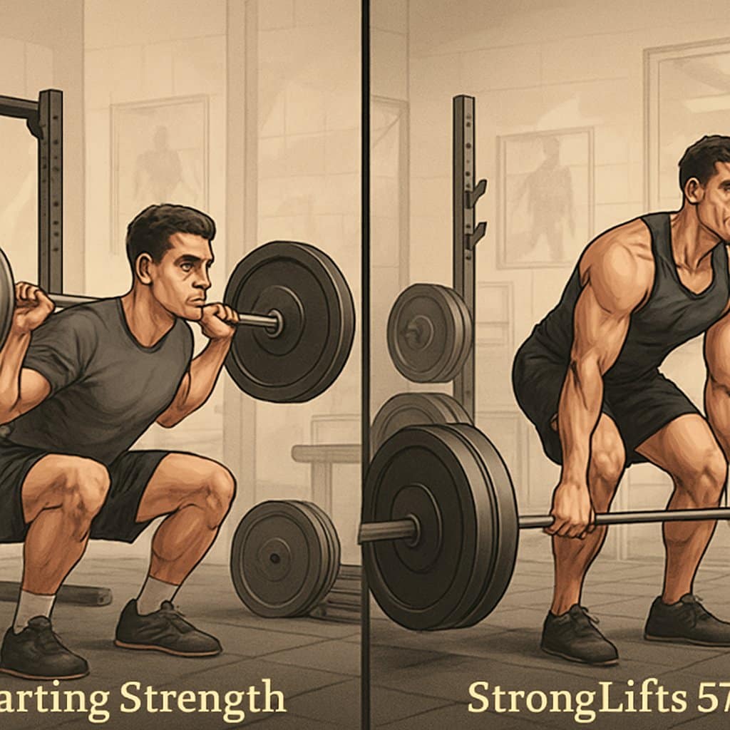 Two male athletes in a gym performing barbell exercises side by side, one squatting and the other deadlifting, with gym equipment and weights around them.