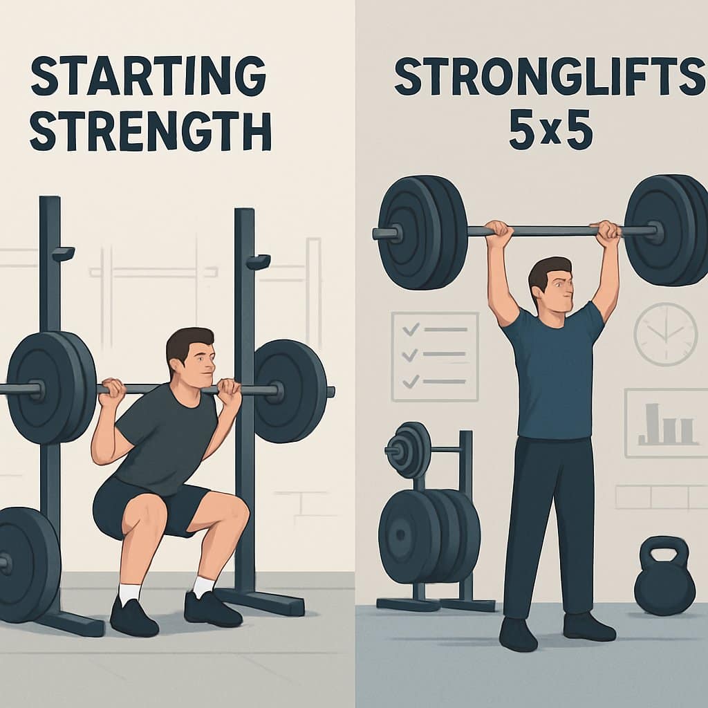 Two people in a gym each performing barbell exercises, one representing Starting Strength and the other StrongLifts 5x5, with gym equipment and workout elements around them.