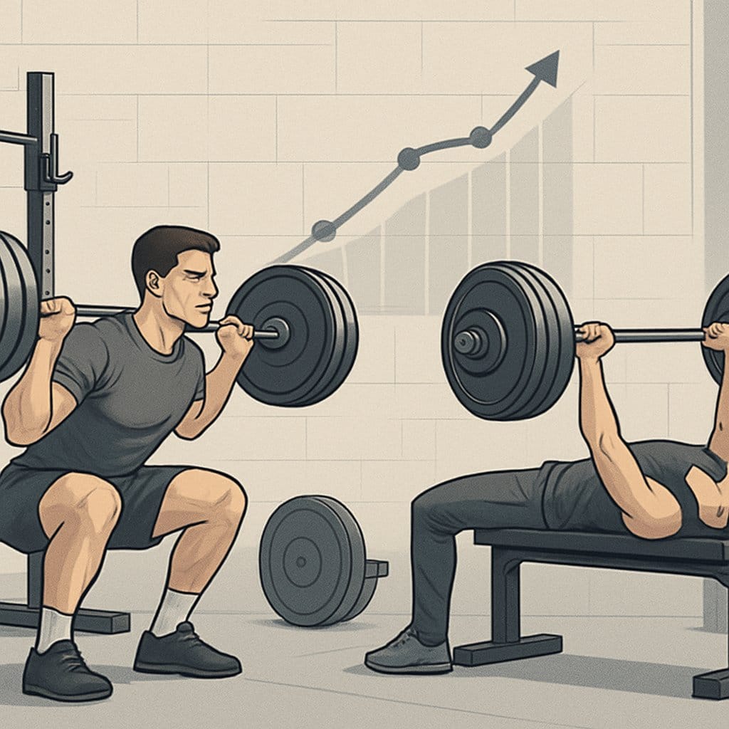 Two individuals lifting barbells in a gym, demonstrating progression in strength training with gym equipment and a subtle progression chart in the background.