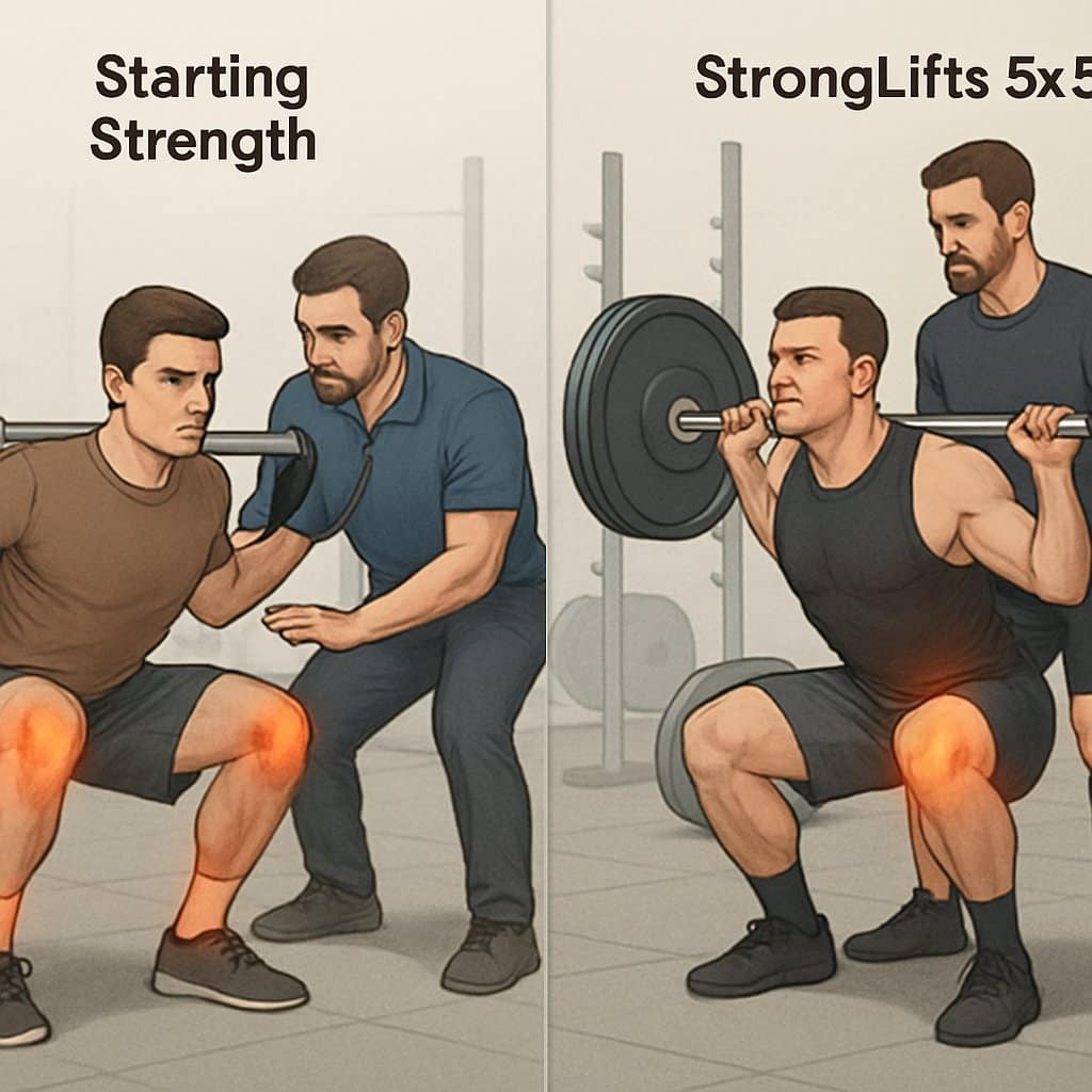 Two male athletes performing barbell squats side by side in a gym, one coached closely and the other assisted by a spotter, highlighting differences in training technique and safety.