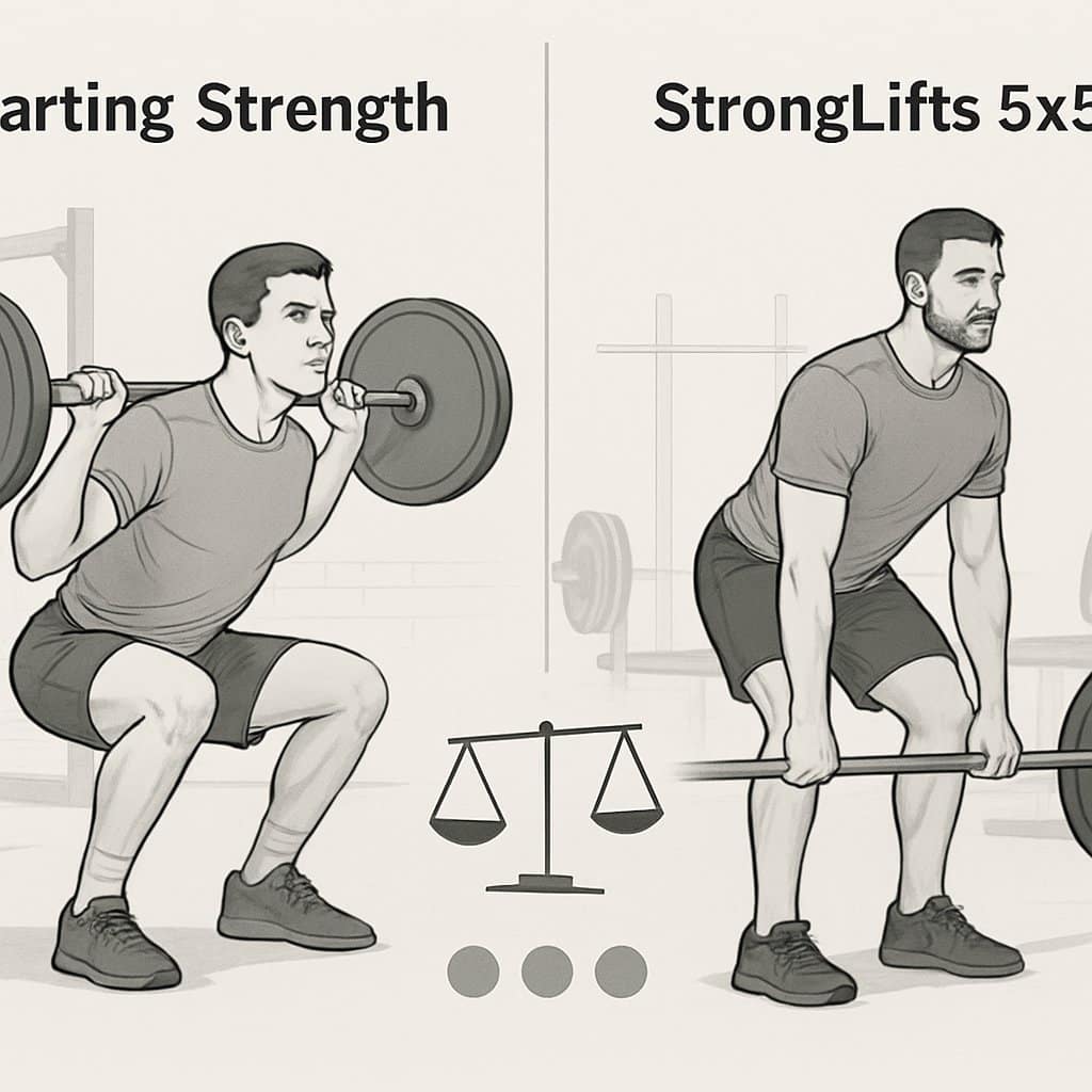 Two male lifters in a gym, one performing a barbell squat and the other a deadlift, illustrating different workout styles side by side.