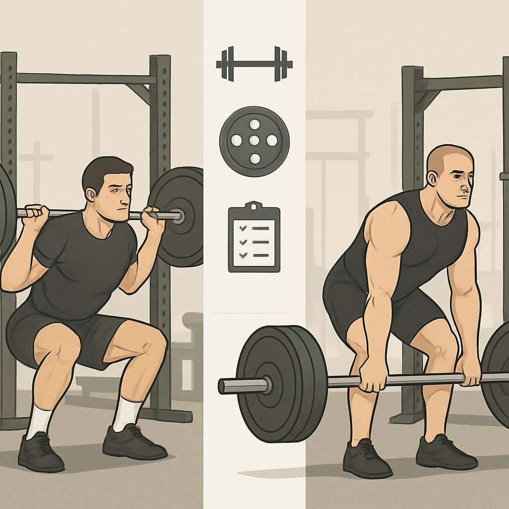 Two athletes in a gym performing barbell exercises side by side with gym equipment in the background, illustrating a comparison between two weightlifting programs.