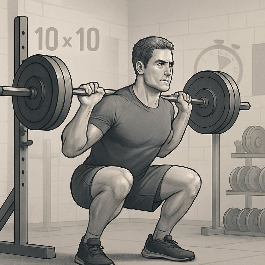 A muscular man performing a barbell squat in a gym with weights and equipment around him.