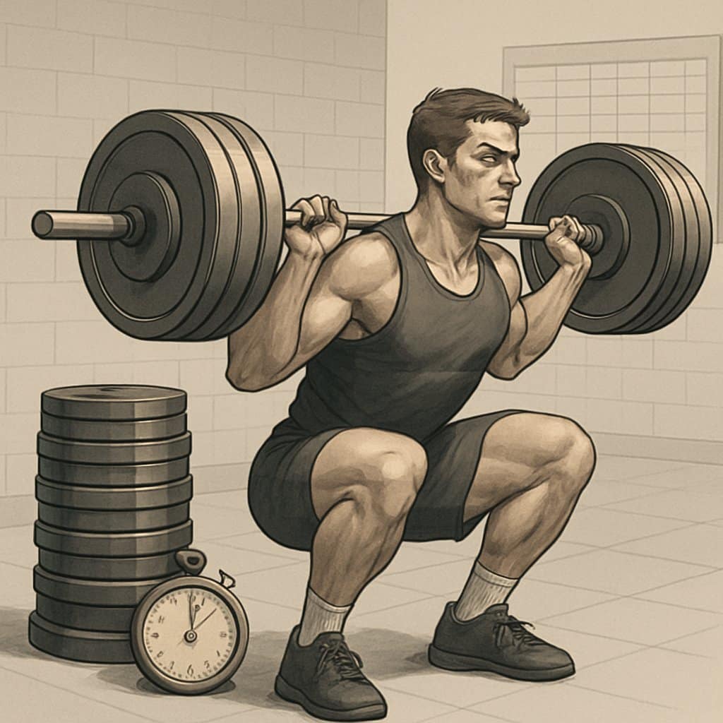 A person performing a barbell squat in a gym with weights and a workout chart in the background.