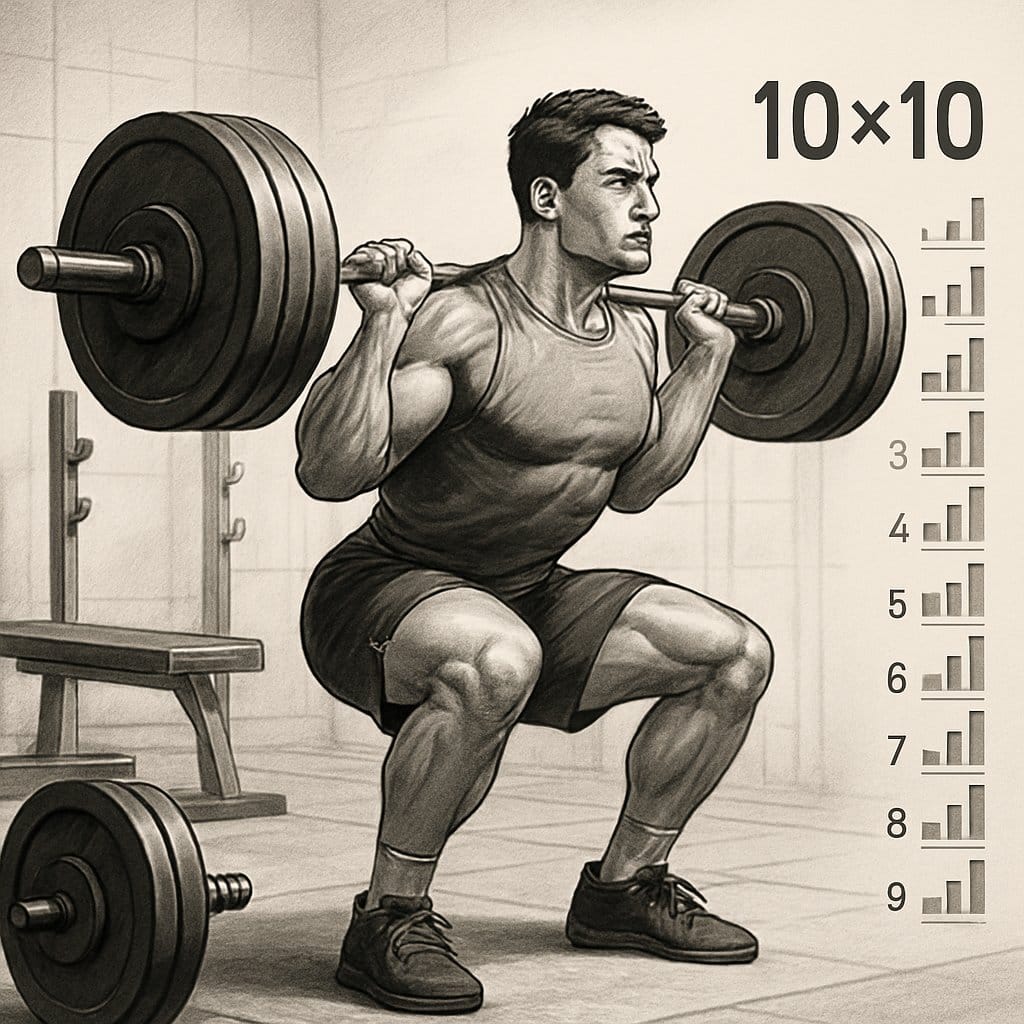 A person performing a barbell squat in a gym with visual elements representing multiple sets and repetitions.
