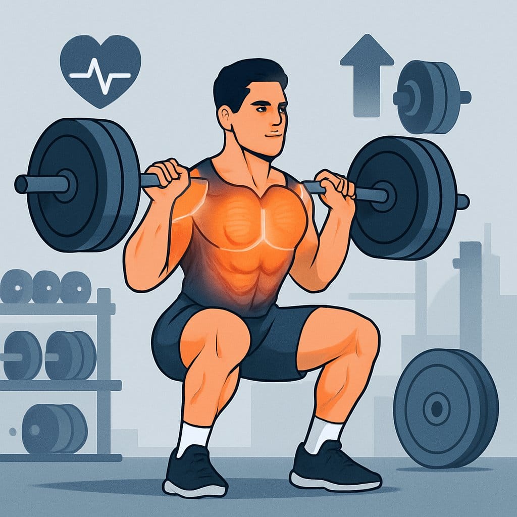 An athlete performing a barbell exercise in a gym surrounded by visual symbols representing muscle growth, strength, and endurance.