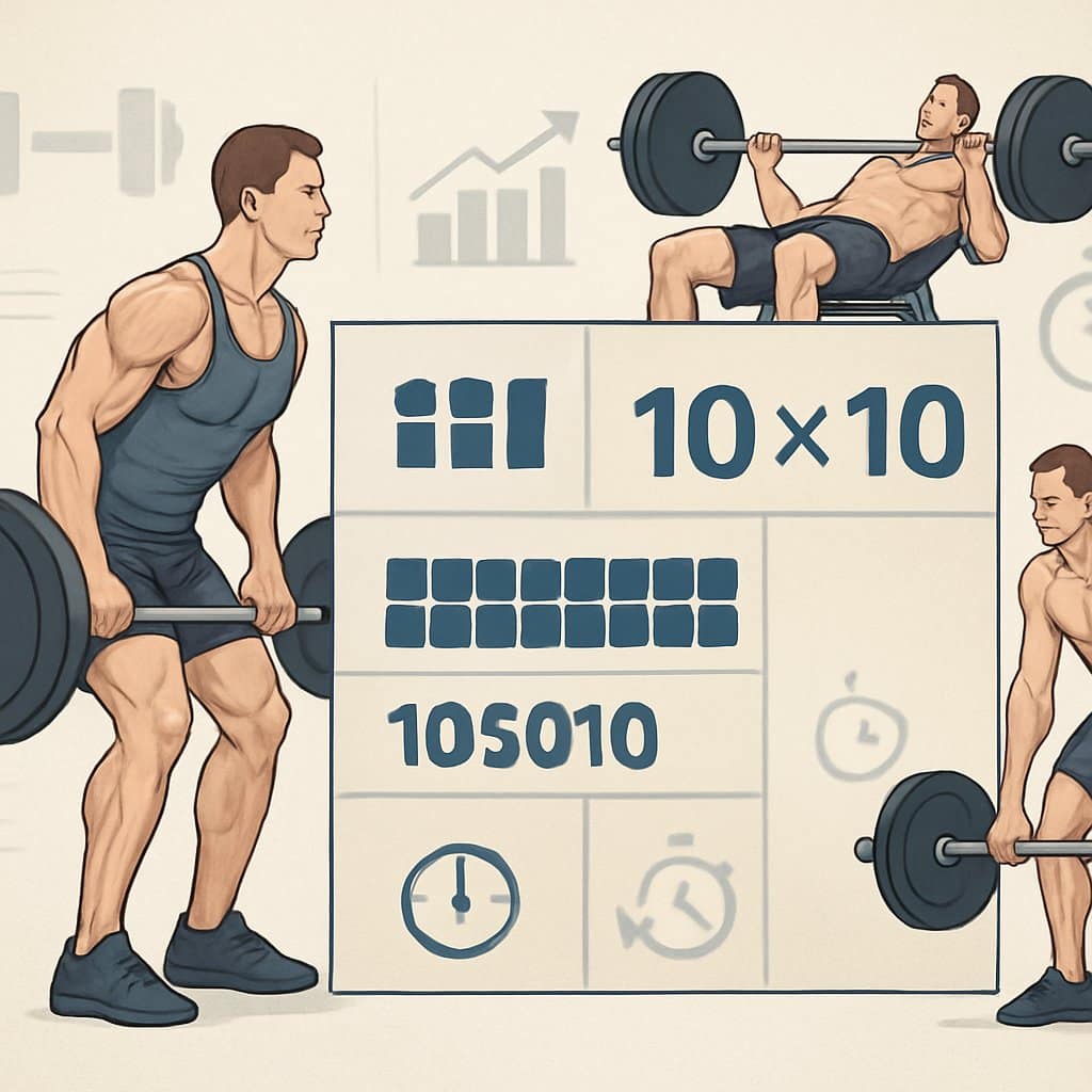 An illustration showing a person performing weightlifting exercises with visual indicators of sets and phases representing the structure of German Volume Training.