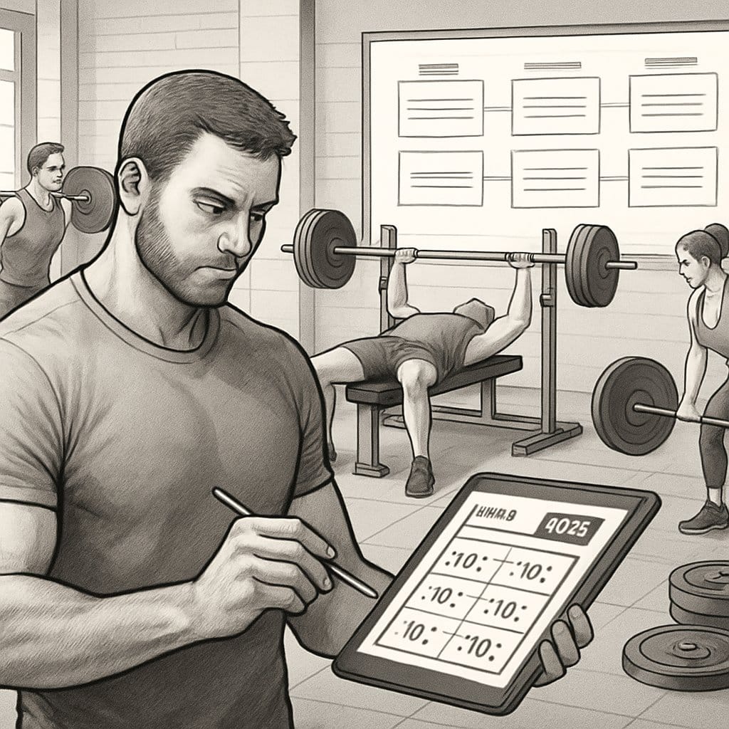 A trainer plans a German Volume Training workout while athletes perform strength exercises in a gym.