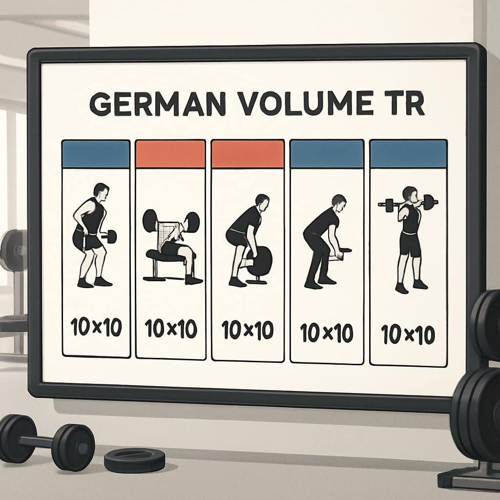A detailed gym scene showing a workout split chart with exercise icons and equipment arranged around it.