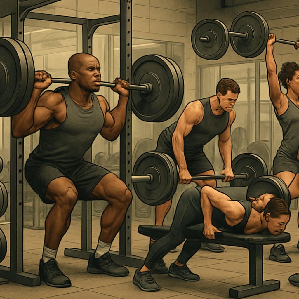 A gym scene showing athletes performing key German Volume Training exercises like squats, bench presses, rows, and overhead presses with proper form and equipment.
