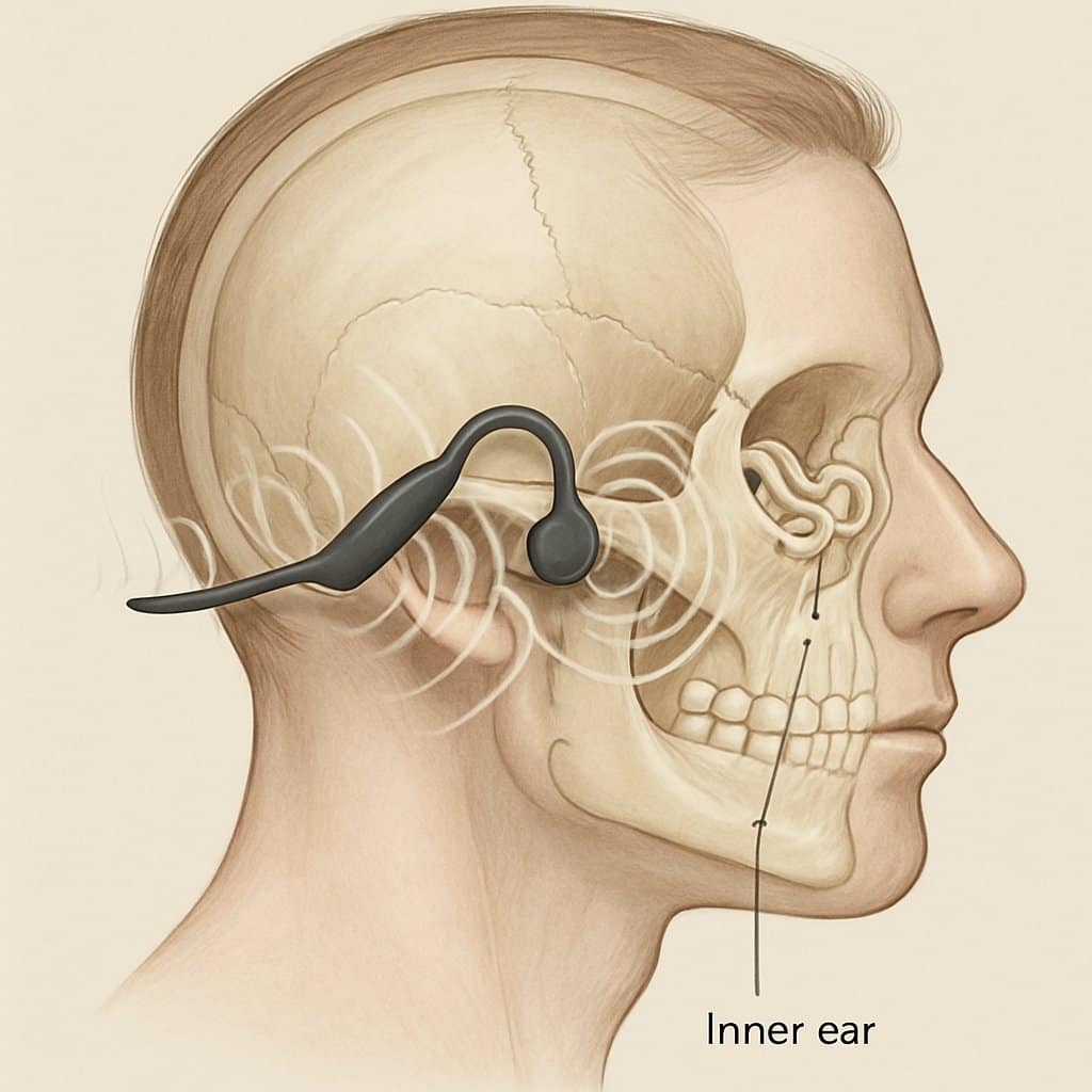 Side view of a human head showing bone conduction headphones transmitting vibrations through the cheekbones to the inner ear.