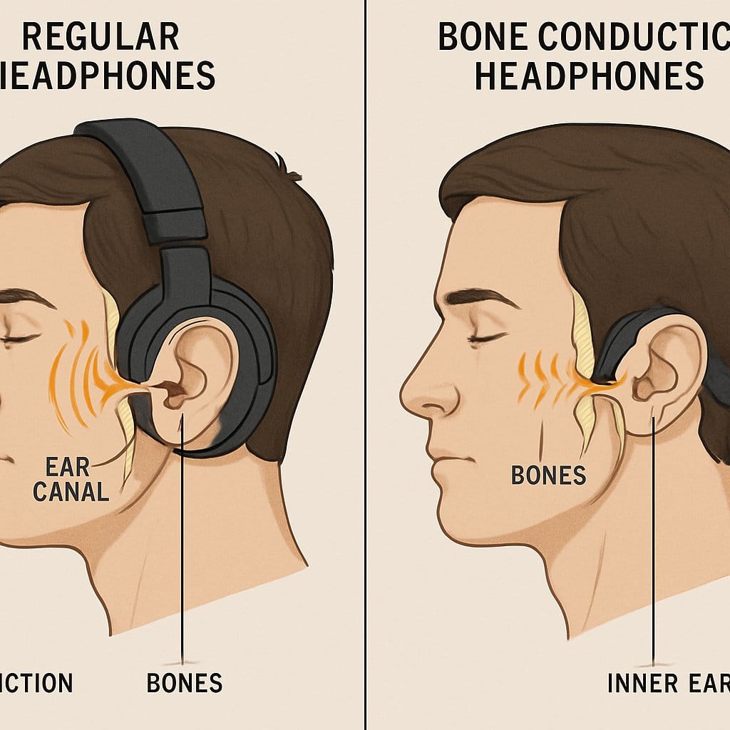 A side-by-side illustration of a person wearing regular headphones and bone conduction headphones, showing sound traveling through the air to the ear canal on one side and vibrations passing through the skull bones to the inner ear on the other.