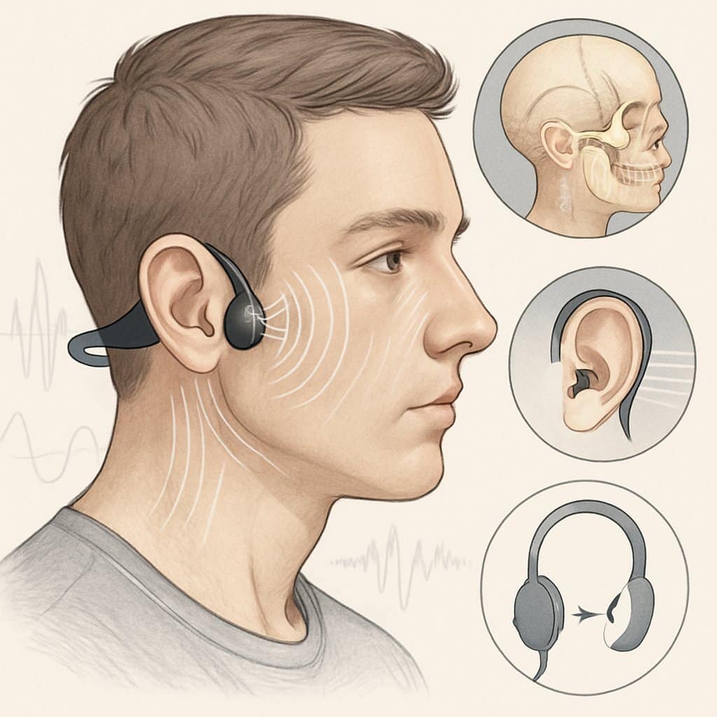 A person wearing bone conduction headphones that rest on the cheekbones with visual indicators showing sound vibrations traveling through the bones to the inner ear, accompanied by diagrams of the skull and ear anatomy.