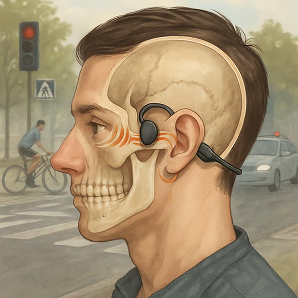 Person wearing bone conduction headphones outdoors near a busy street with cars and bicycles, showing how sound vibrations travel through the cheekbones to the inner ear.
