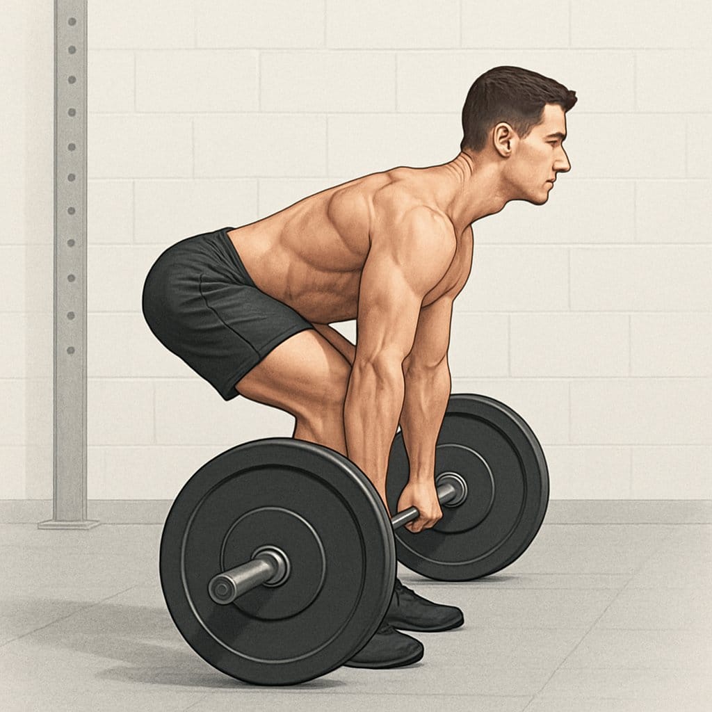 A person performing a deadlift with proper form, standing with a straight back and bent knees while holding a barbell on the ground.