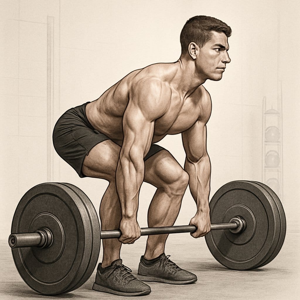 A man performing a deadlift with correct form, standing on a gym floor holding a barbell with a straight back and bent knees.