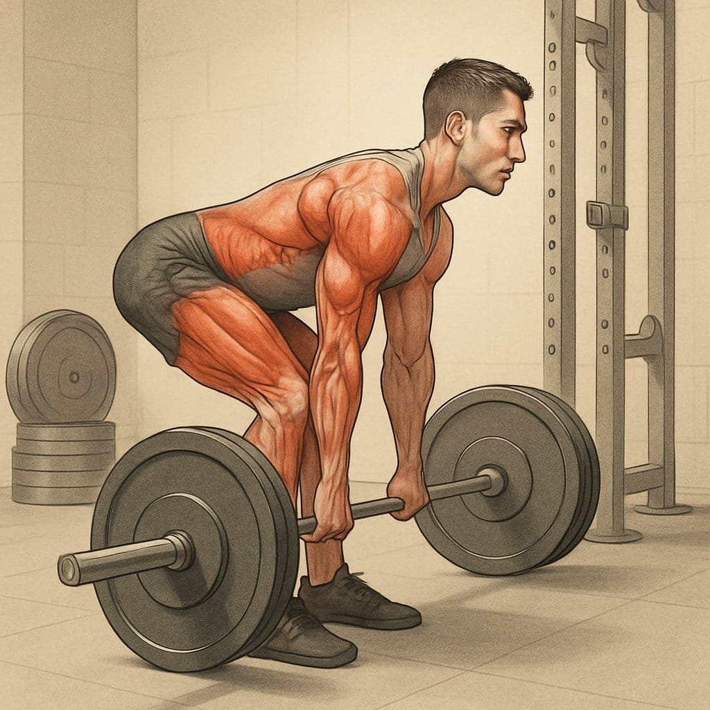 A person performing a deadlift with correct form in a gym, showing side view with straight back, bent knees, and a barbell close to the shins.
