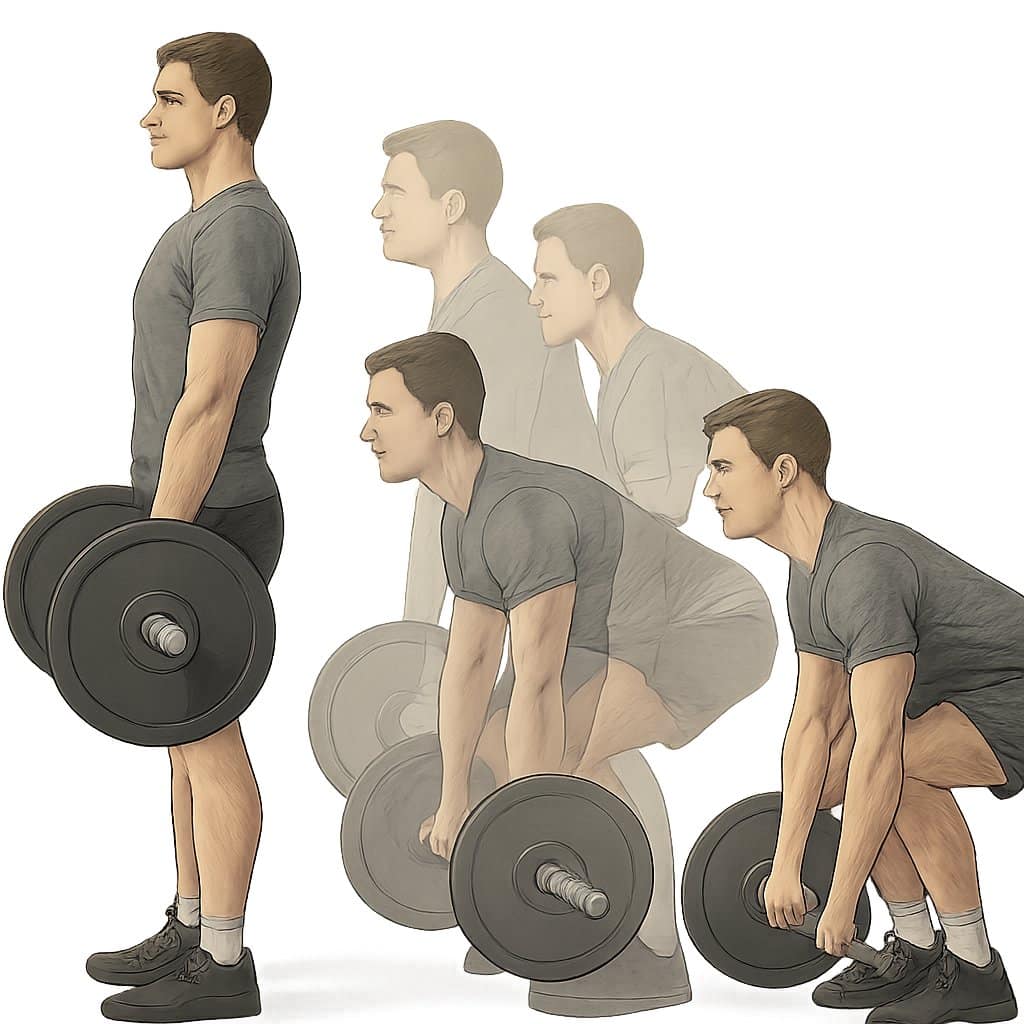 A person performing a deadlift shown in multiple stages demonstrating proper lifting form.