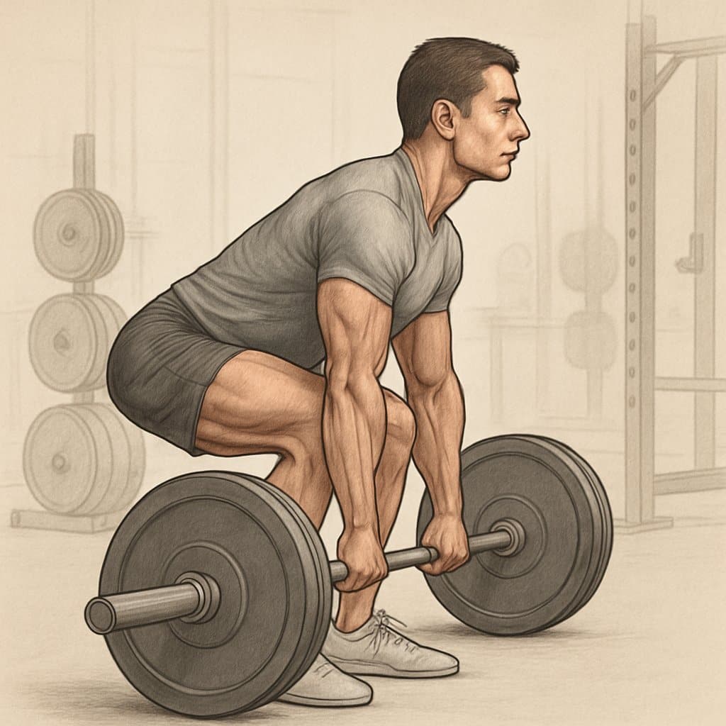 A person performing a deadlift with proper form in a gym, showing straight back and bent knees while lifting a barbell.