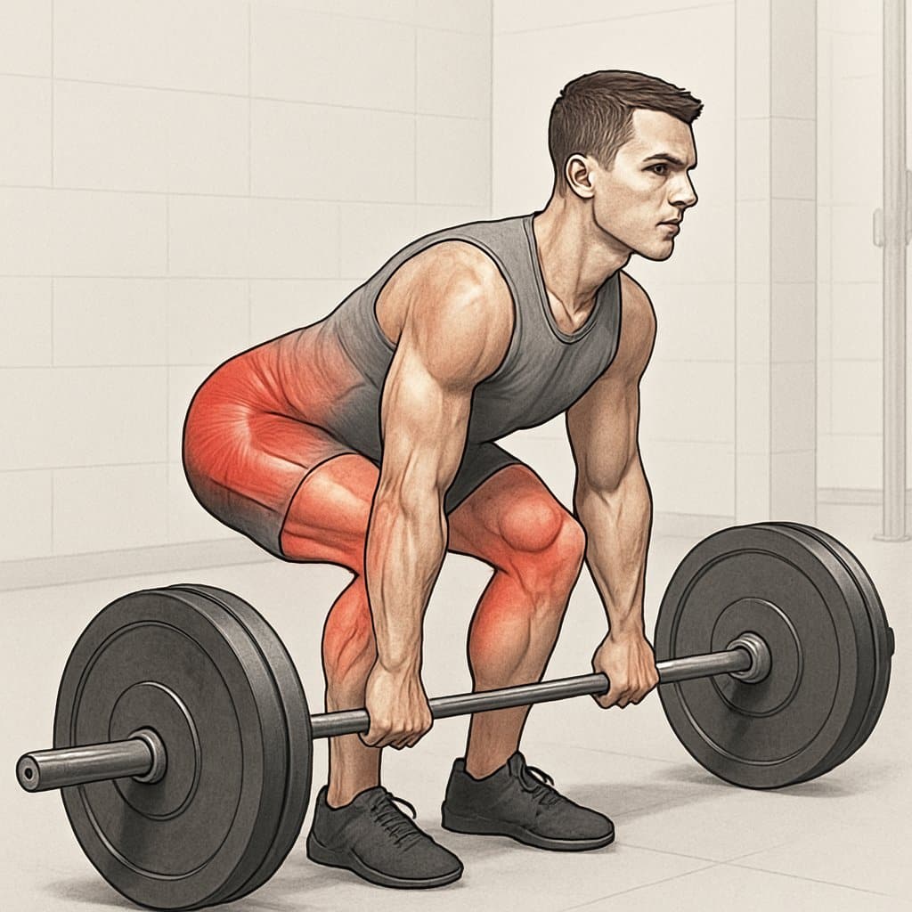 A person performing a deadlift with correct form in a gym, showing proper posture and muscle engagement.