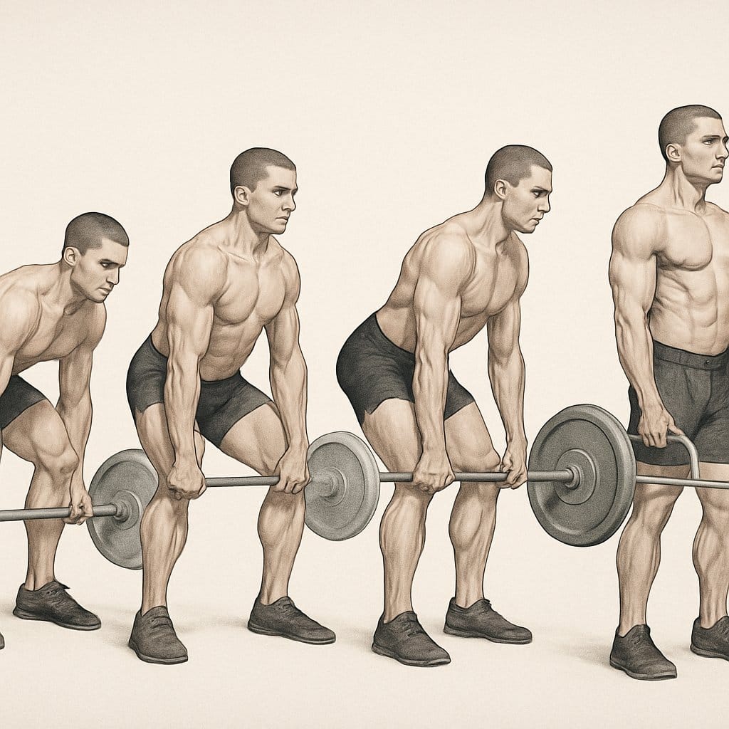 Four figures demonstrating different deadlift variations with correct posture and technique, shown from the side.