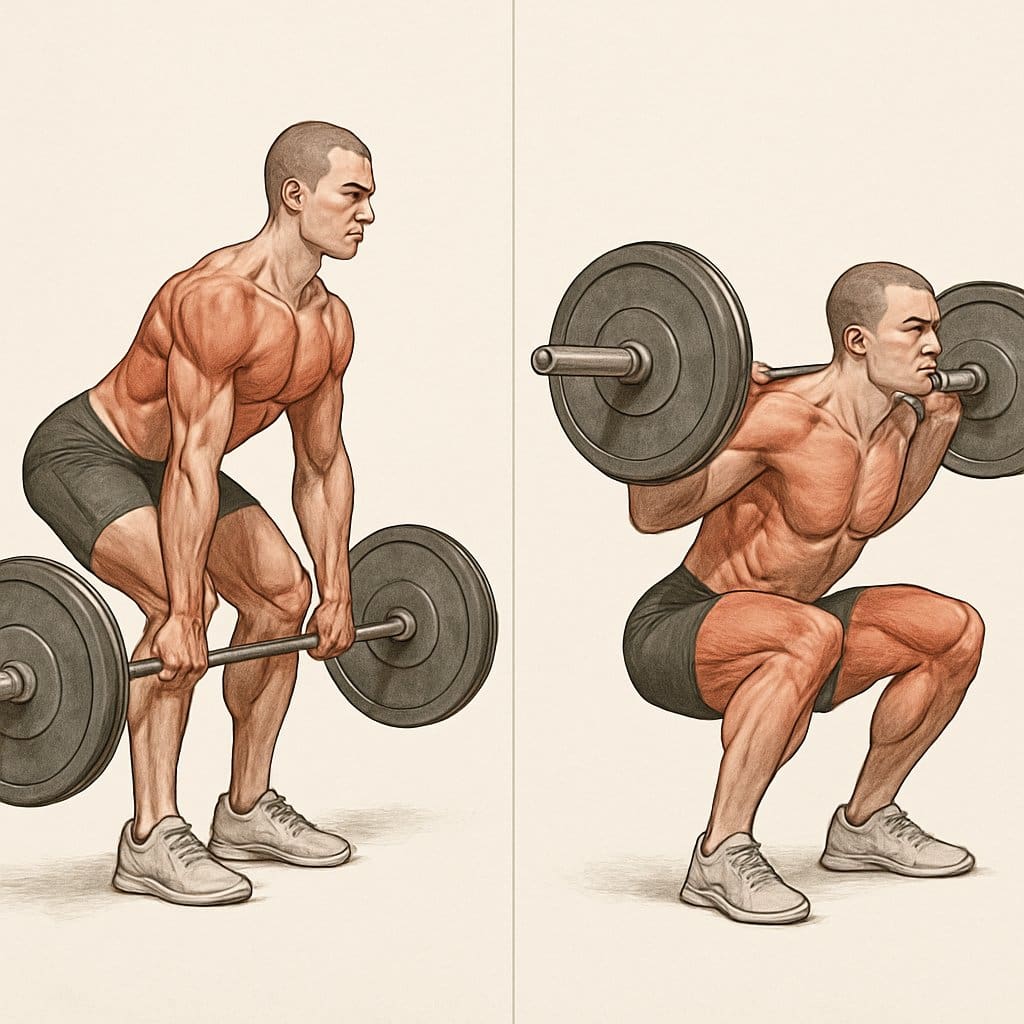 Side-by-side illustration of a person performing a deadlift and a squat with a barbell, showing correct form for each exercise.