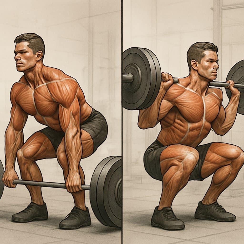 Two athletes side by side performing a deadlift and a squat with barbells in a gym setting, showing proper exercise form and muscle engagement.