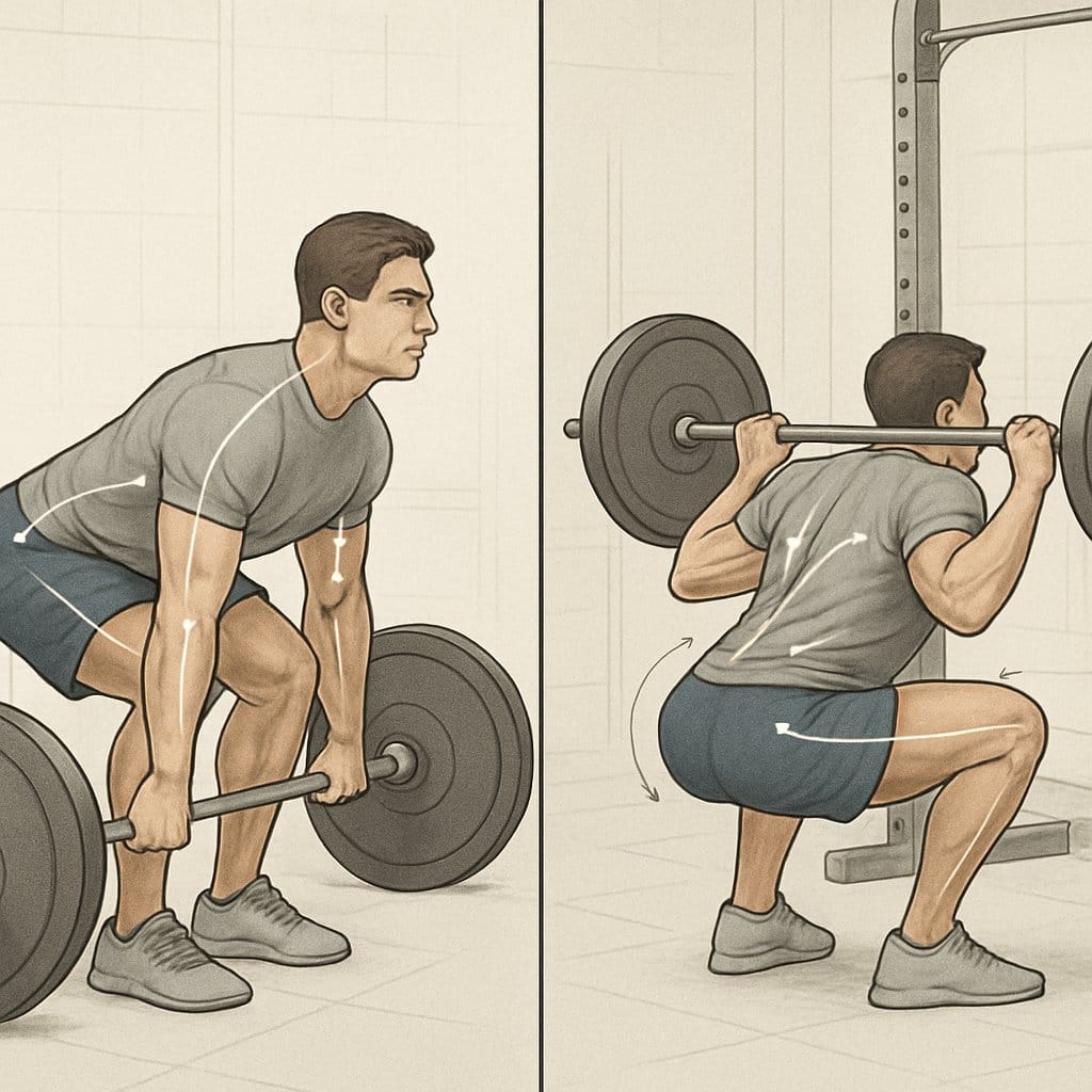 Side-by-side illustration of a person performing a deadlift and a squat in a gym, showing correct posture and muscle engagement for each exercise.