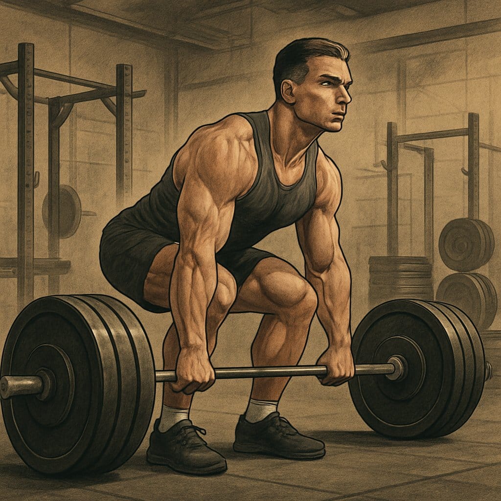 An athlete lifting a heavy barbell in a gym, demonstrating proper deadlift form.