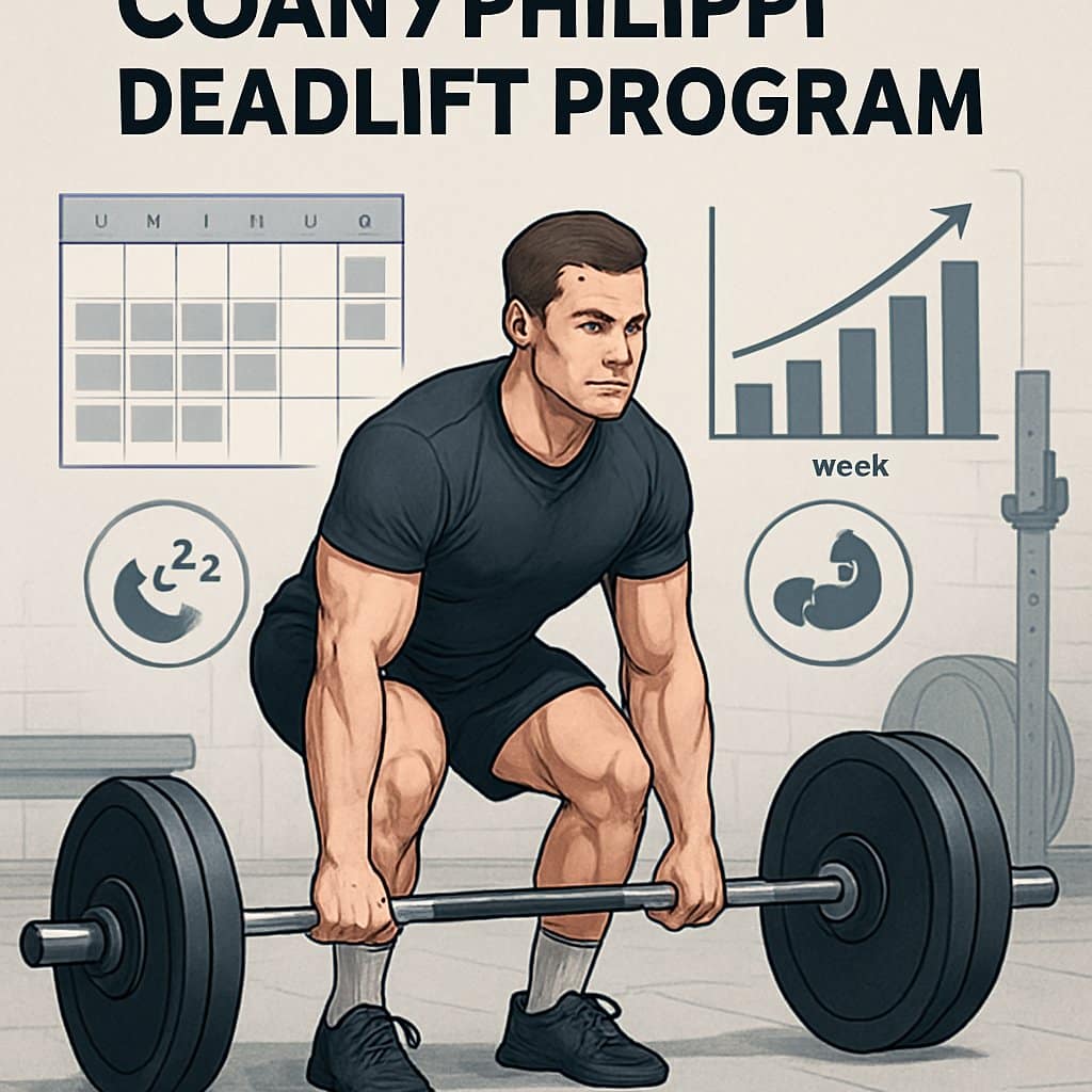 An athlete performing a deadlift in a gym surrounded by workout charts and equipment illustrating a structured weightlifting program.