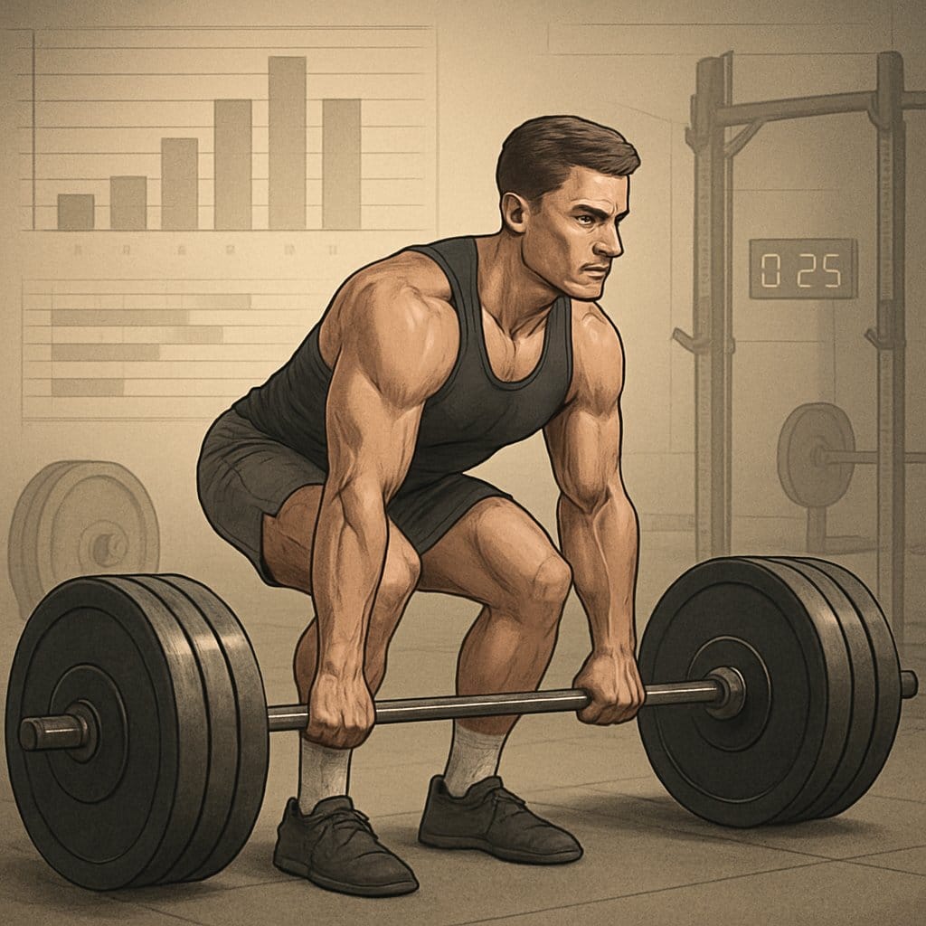 An athlete performing a deadlift in a gym with weightlifting equipment and visual elements suggesting training progress and routines.